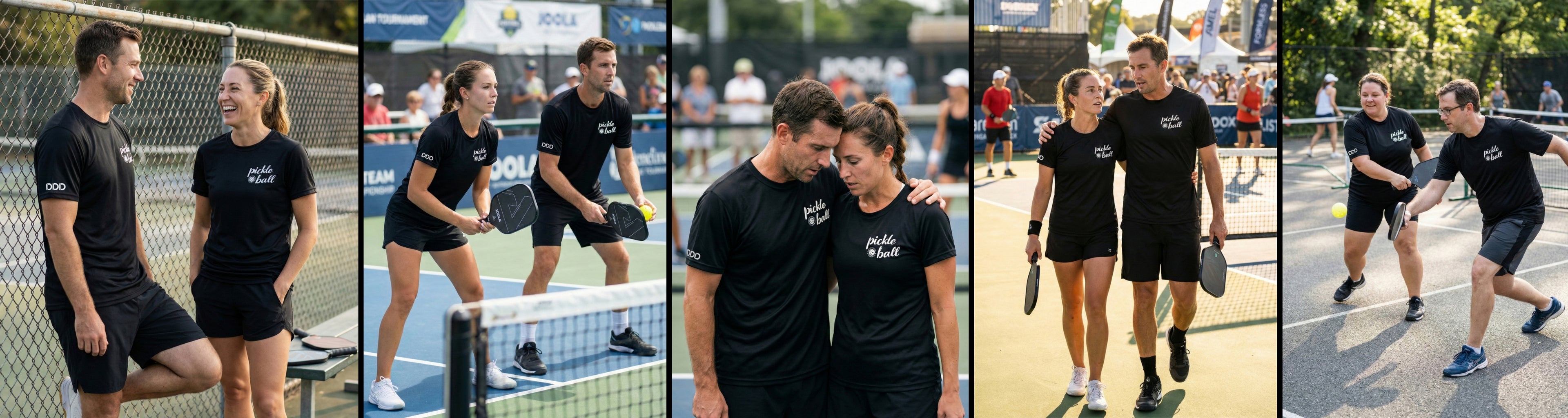 Collage of people playing pickleball with a focus on a couple embracing.