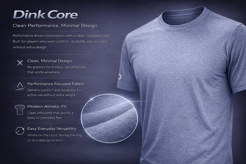Gray t-shirt with Dink Core branding and product features on a dark background