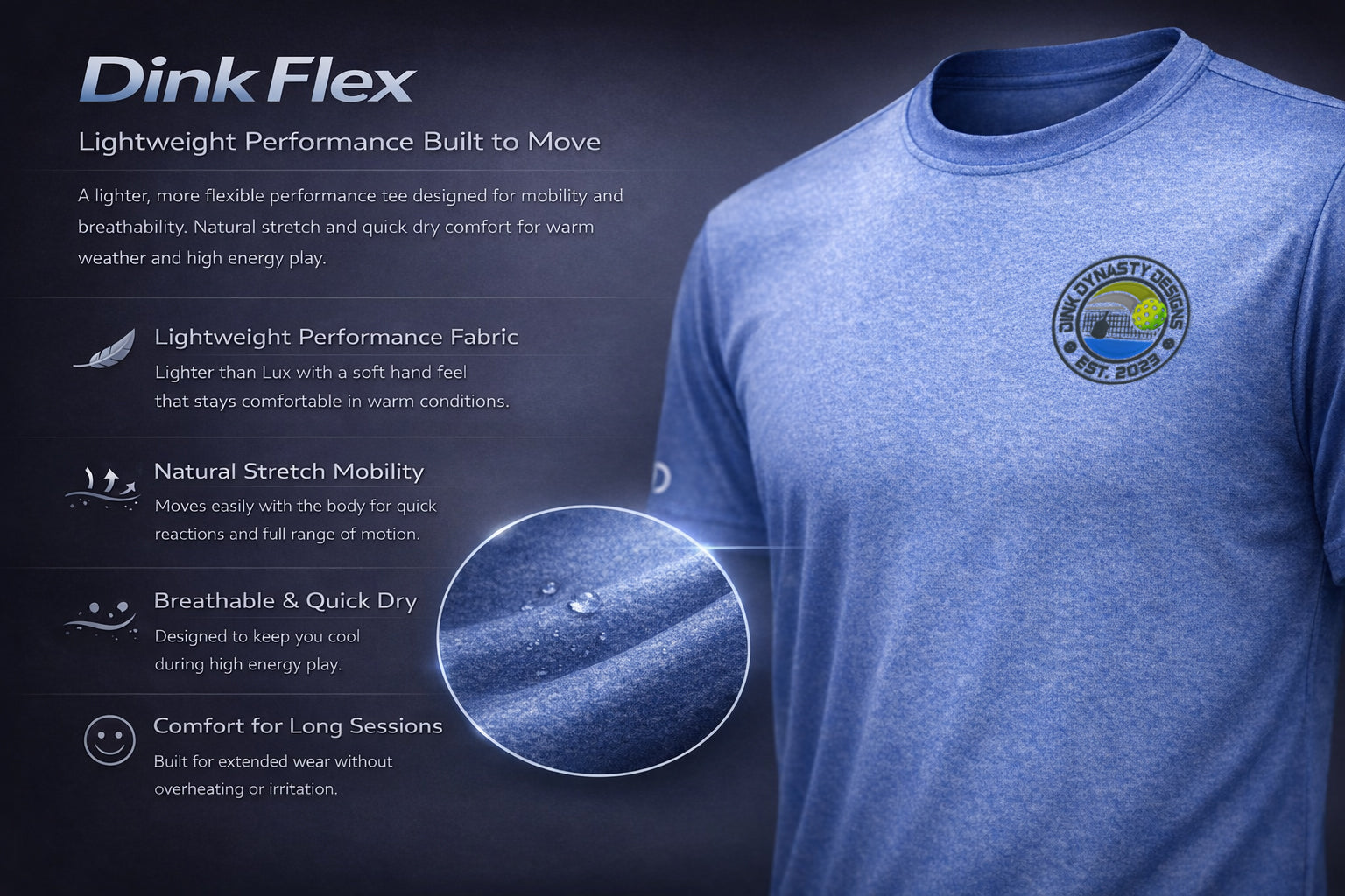 Blue t-shirt with a logo on a dark background, featuring text about Dink Flex performance fabric.