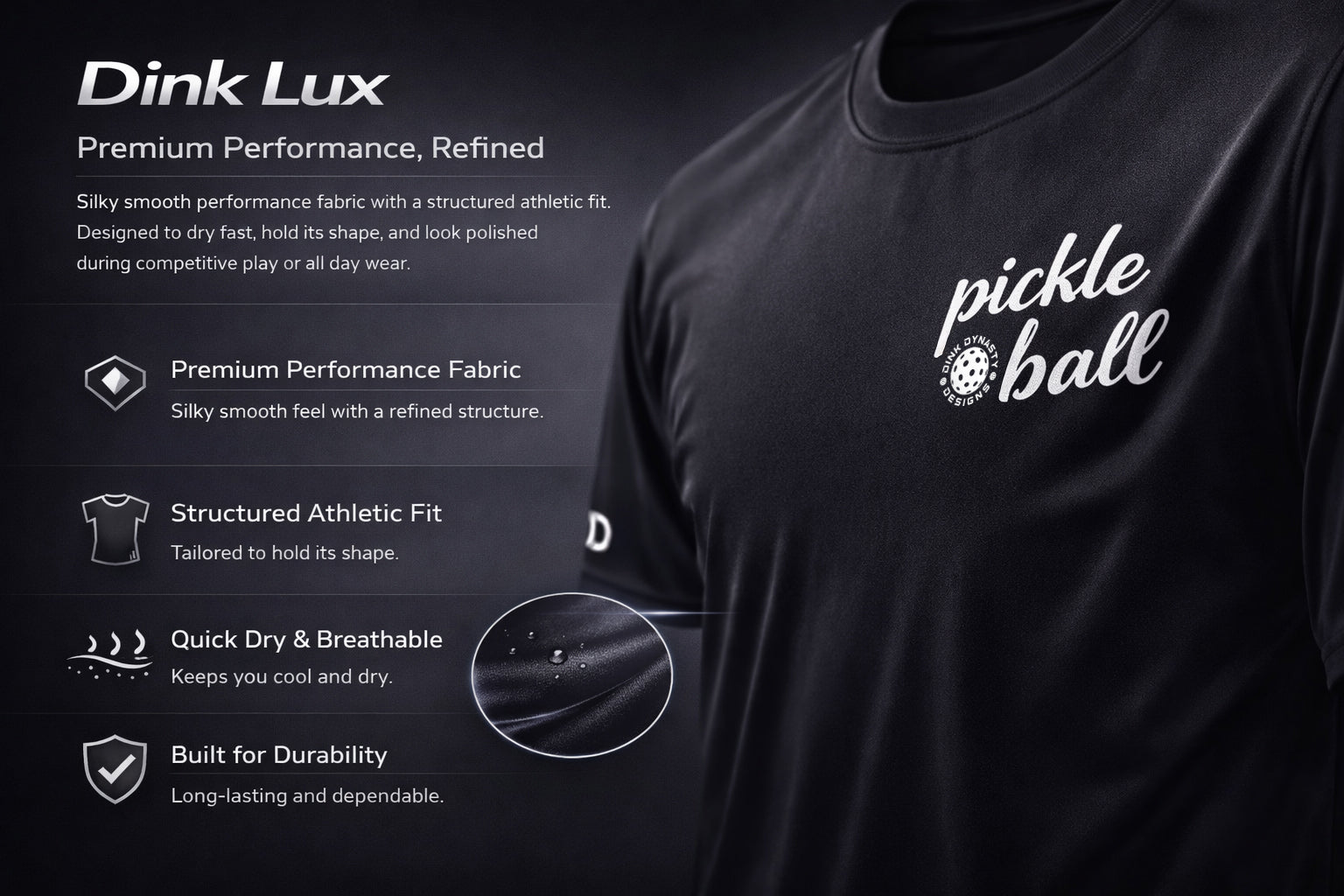Black t-shirt with 'pickle ball' text on a dark background, featuring Dink Lux branding and product features.