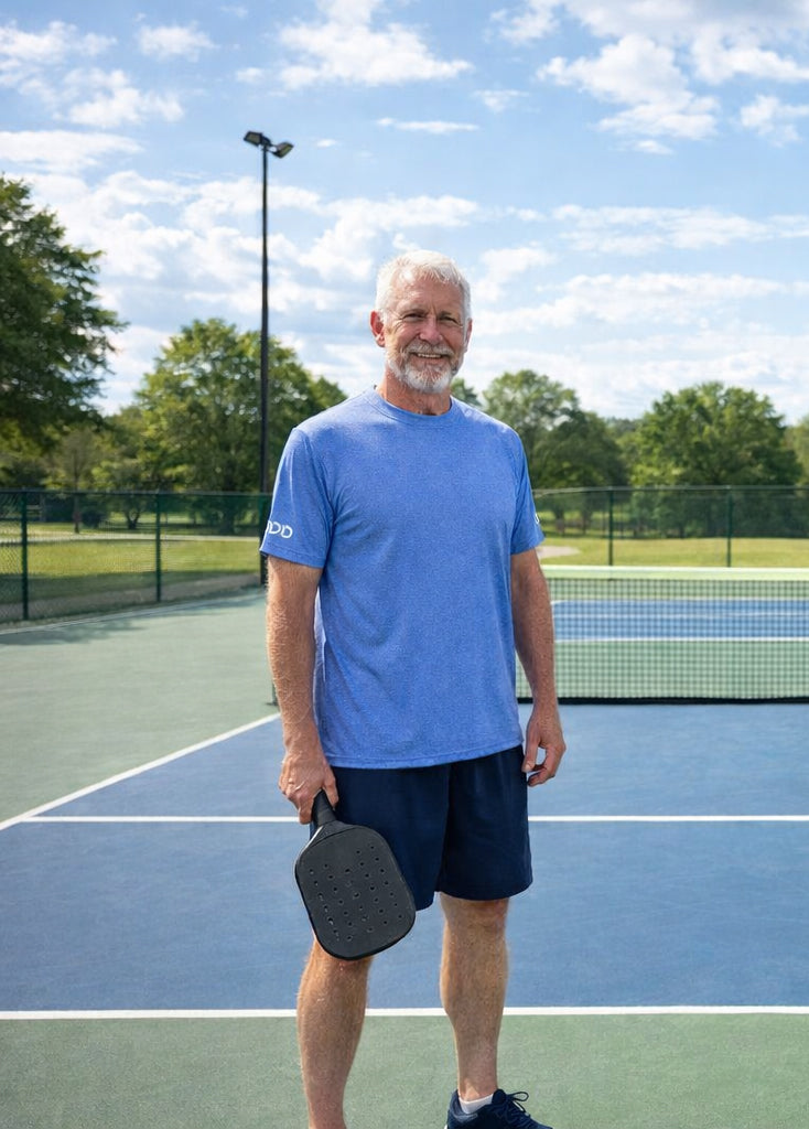 Man holding a pickleball paddle on a tennis court with trees and blue sky in the background