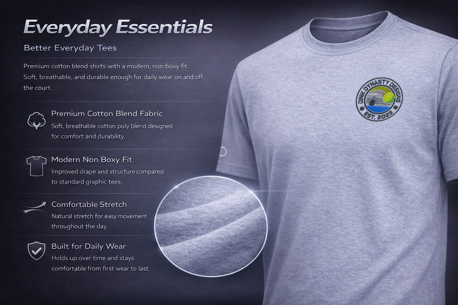 Gray t-shirt with a logo on a dark background, featuring text about everyday essentials.