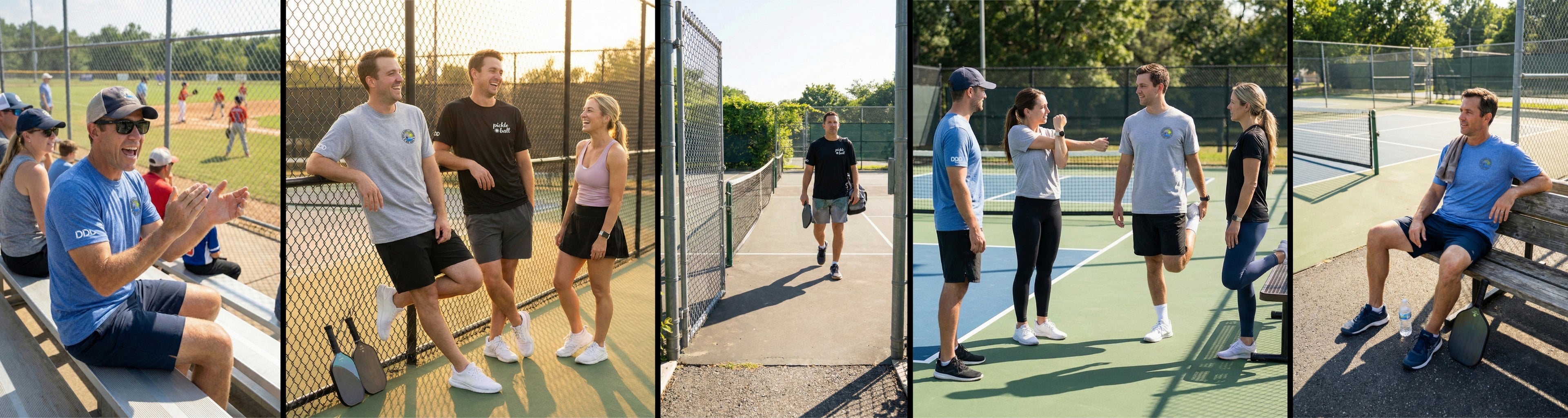 People playing pickleball on a court with various activities including sitting, standing, and walking.