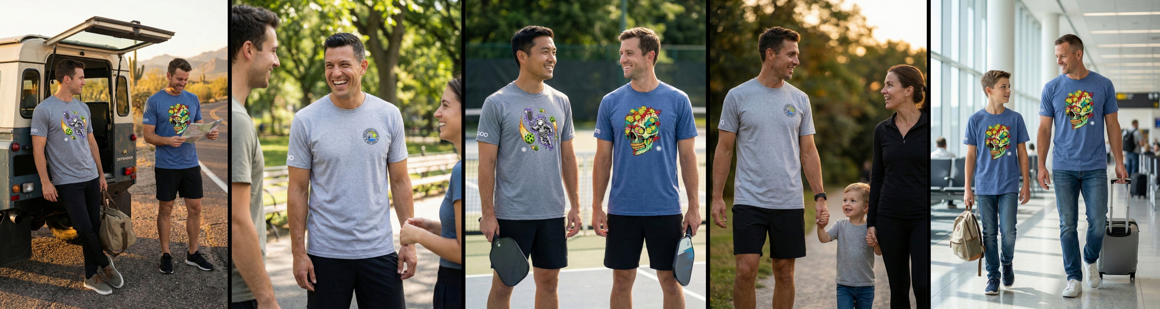 Collage of a man wearing a t-shirt with a graphic design, interacting with others in various settings.