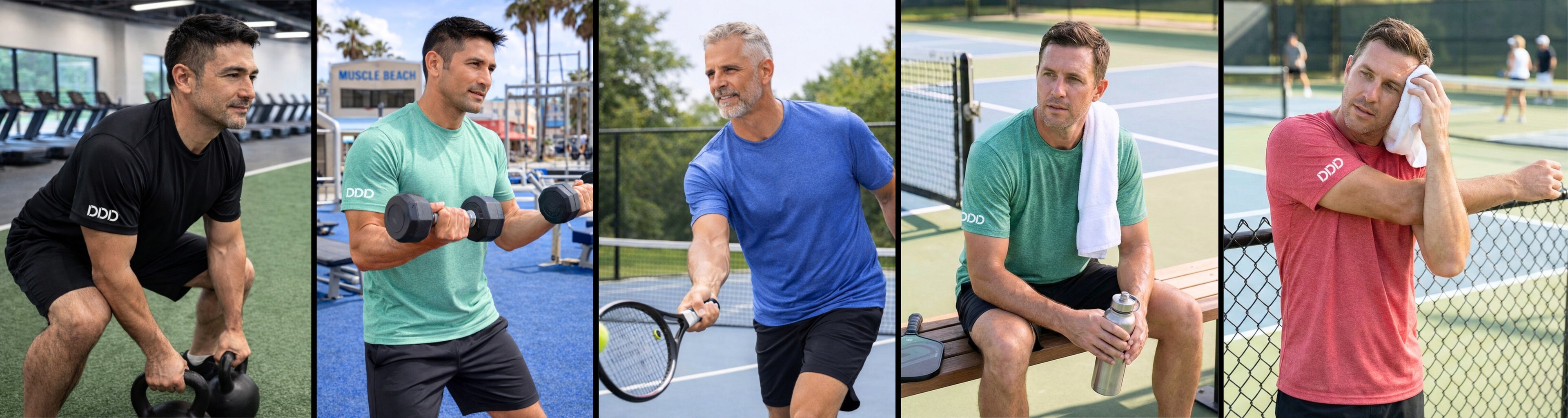 Collage of a man exercising outdoors on a tennis court.