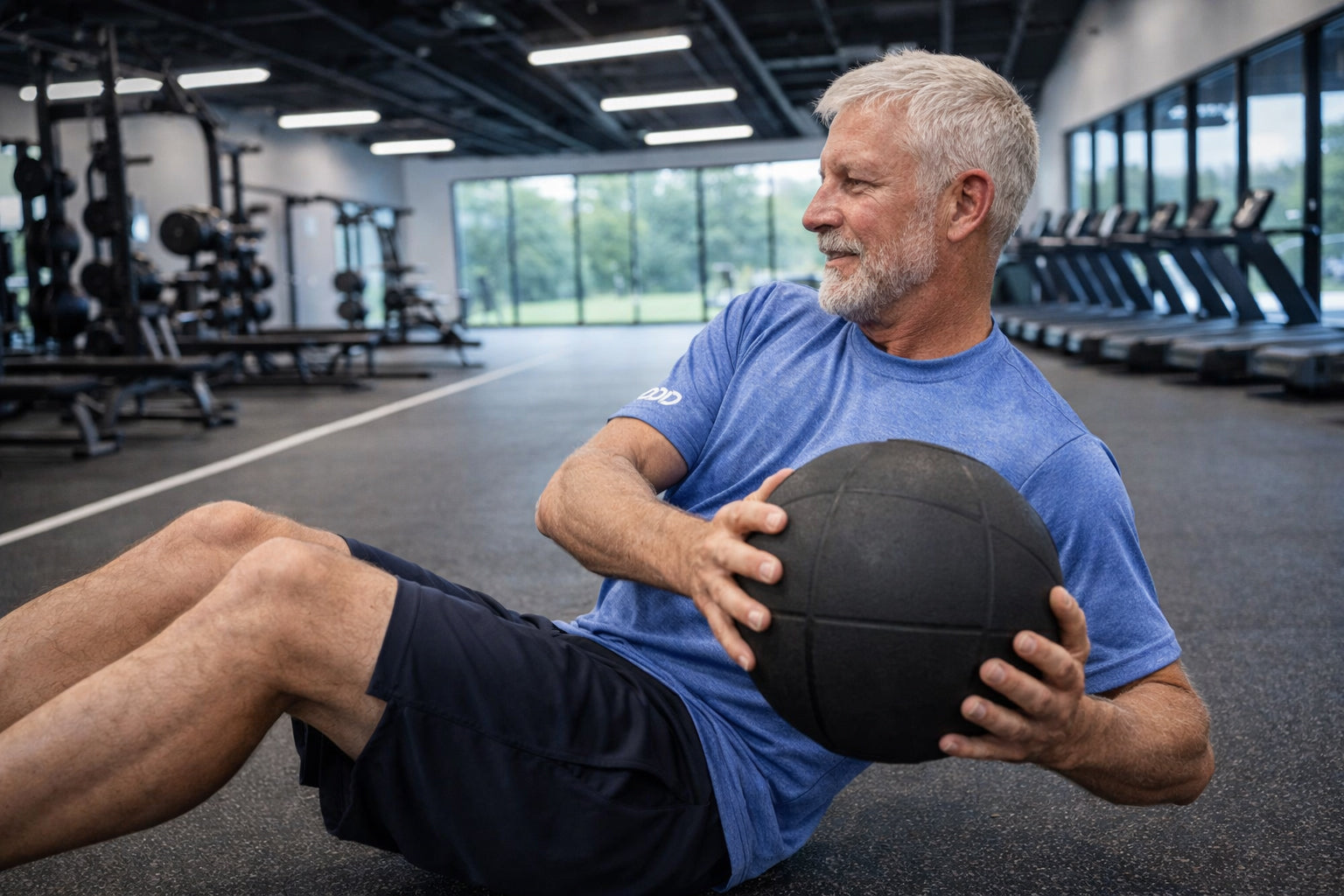 Man exercising with a medicine ball in a gym setting